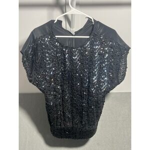Adamo Women's Black Sequin Blouse Top Medium Dolman Sleeve Party Cocktail USA